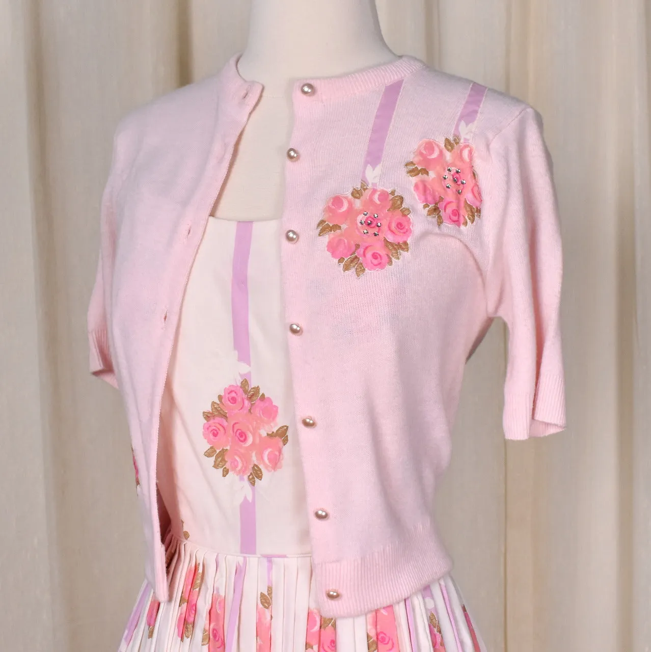 1950s Pink Roses Gilden Swing Dress w Rhinestone Cardigan