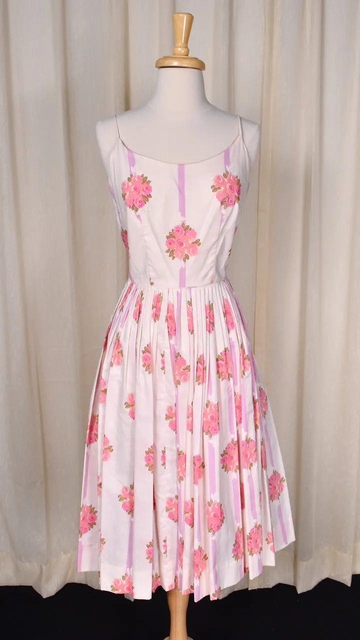 1950s Pink Roses Gilden Swing Dress w Rhinestone Cardigan