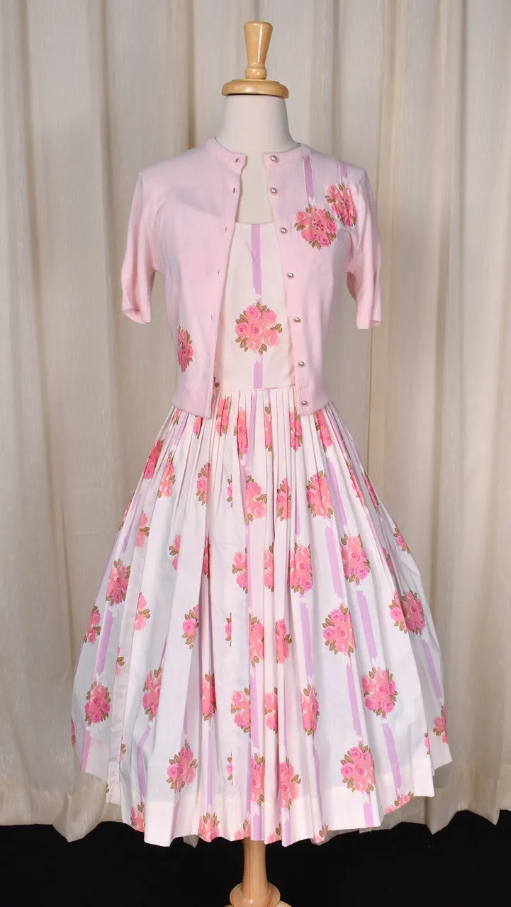 1950s Pink Roses Gilden Swing Dress w Rhinestone Cardigan