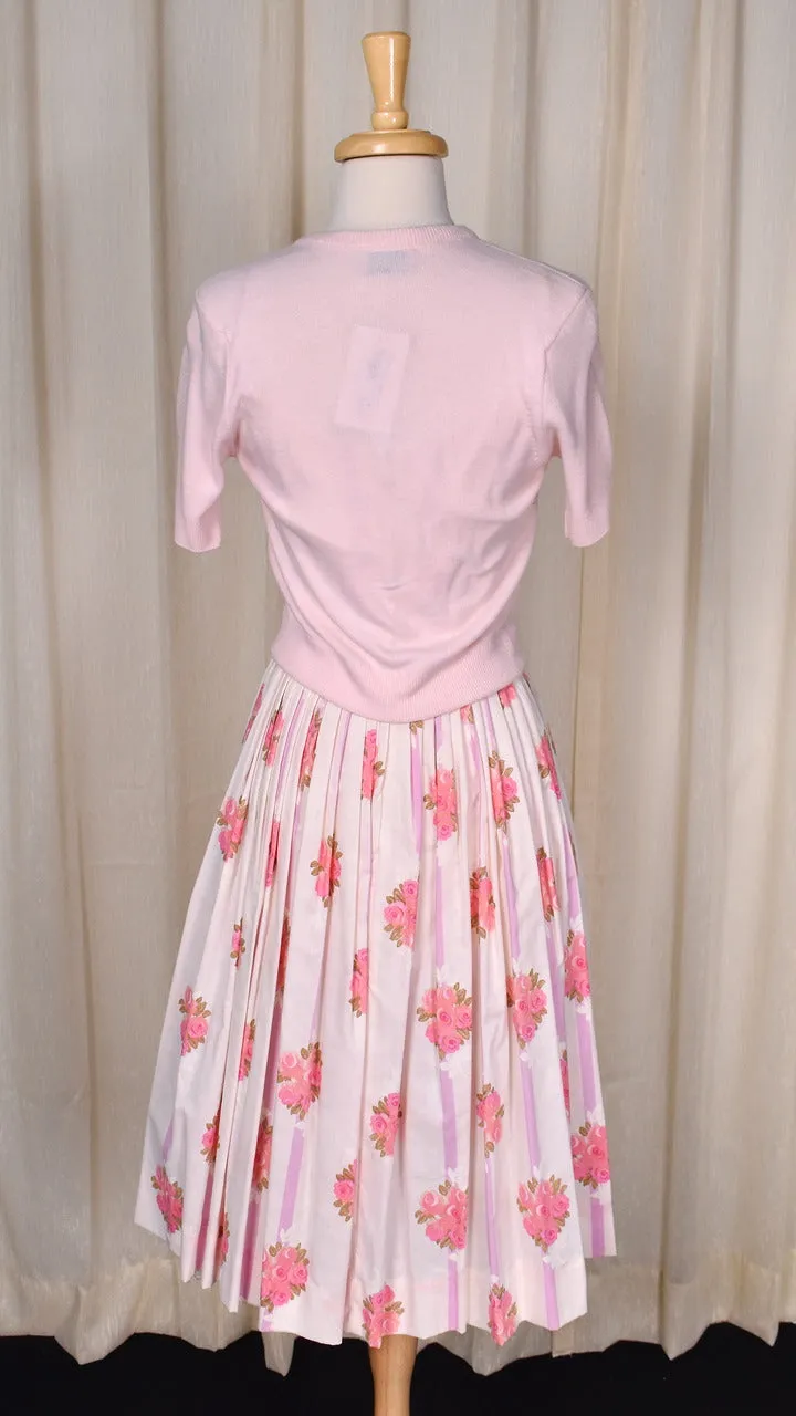 1950s Pink Roses Gilden Swing Dress w Rhinestone Cardigan