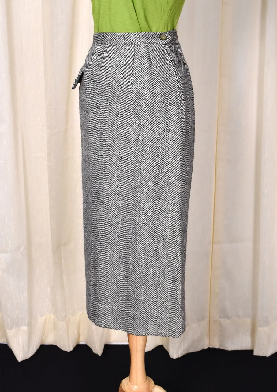 1950s Vintage  Gray Chevron Flap Pocket Pencil Skirt Tailored by h. Schreier