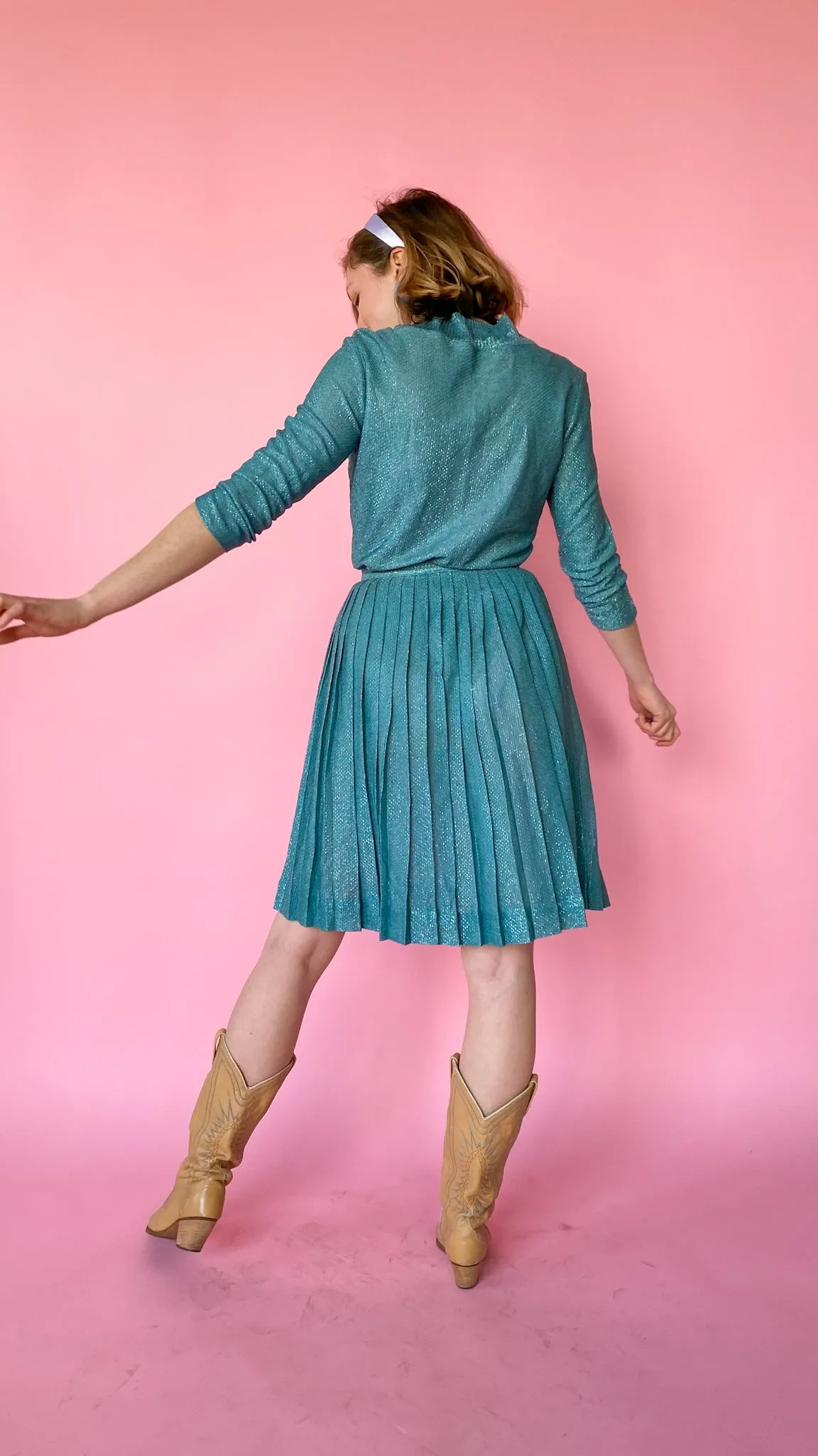 1960s Teal Shimmer Skirt Set, sz. S