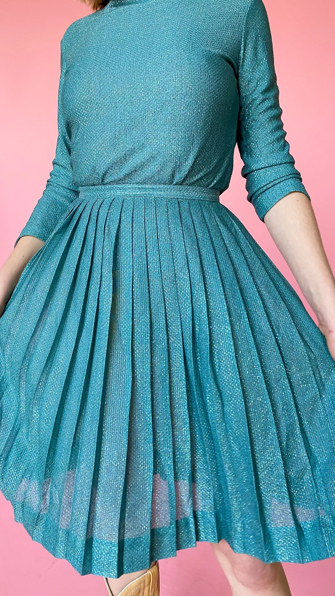 1960s Teal Shimmer Skirt Set, sz. S