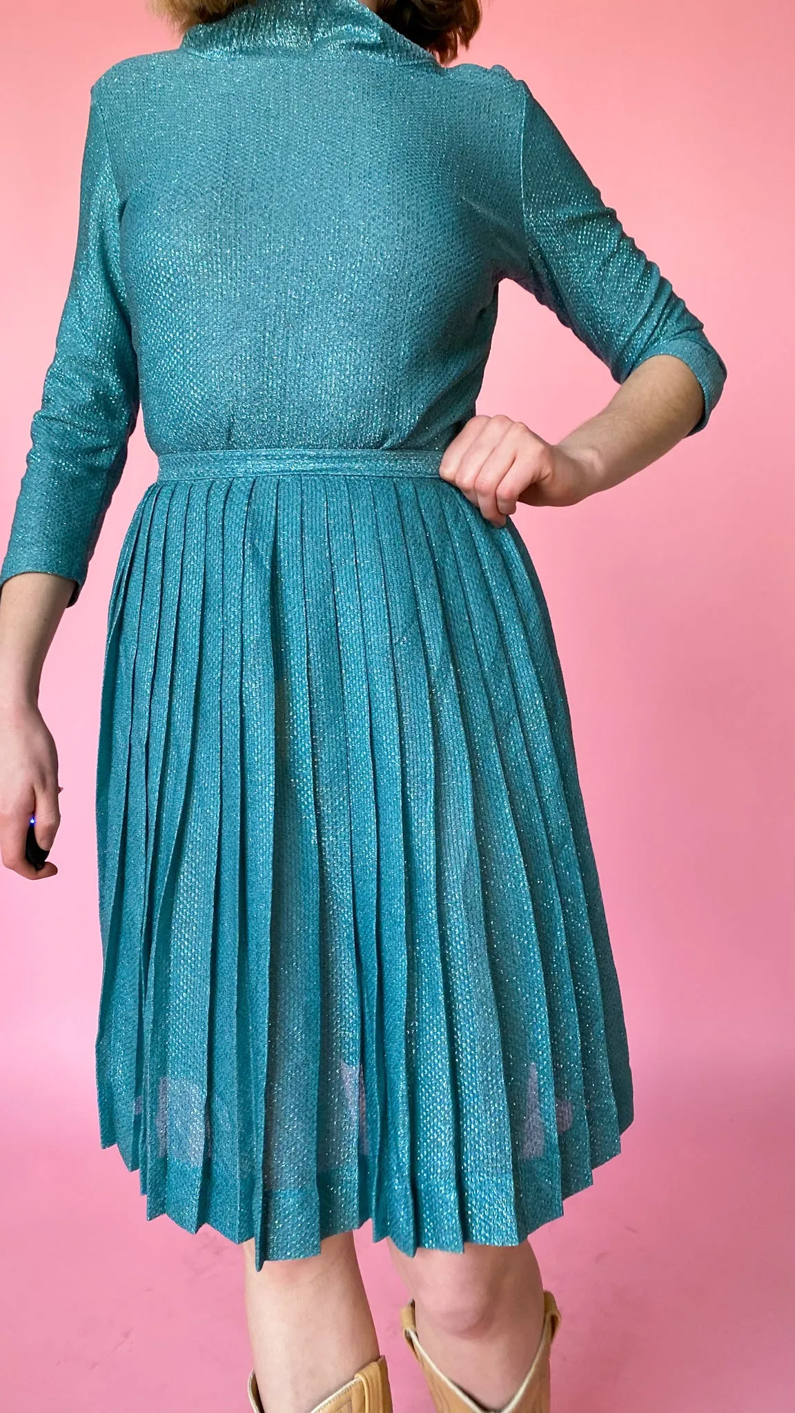 1960s Teal Shimmer Skirt Set, sz. S