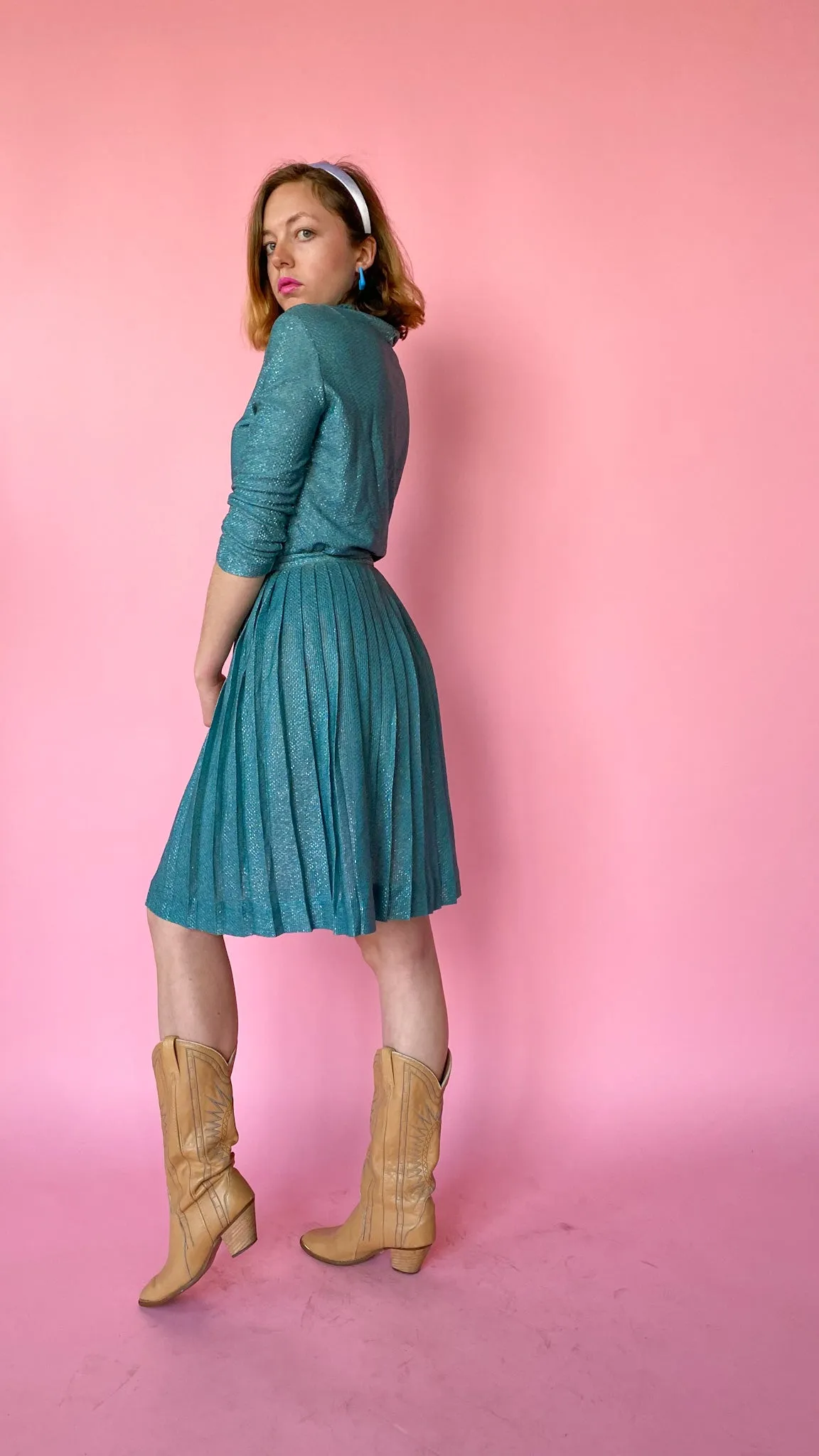 1960s Teal Shimmer Skirt Set, sz. S