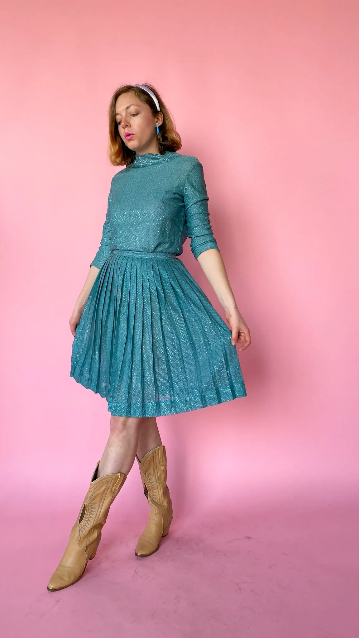 1960s Teal Shimmer Skirt Set, sz. S