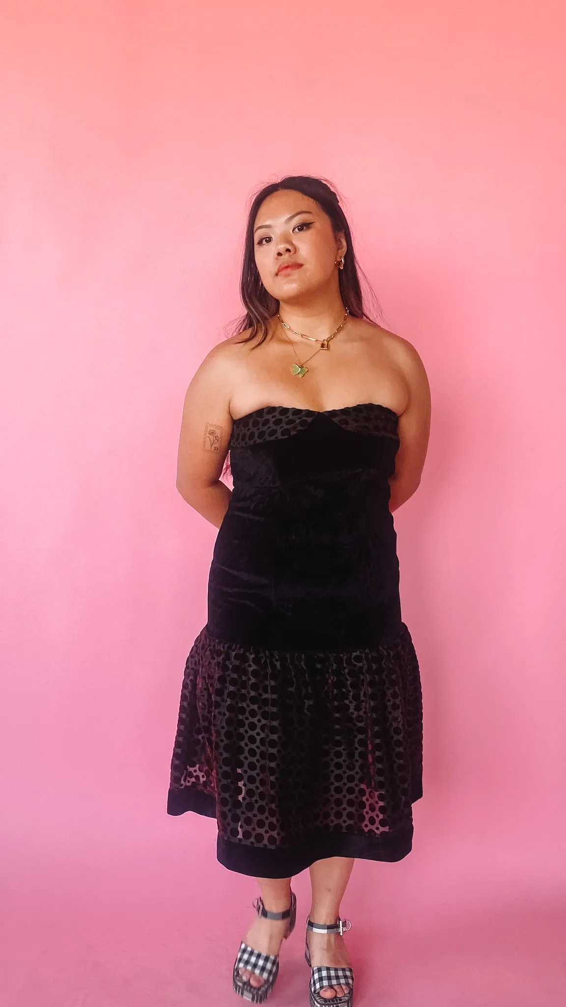 1980s Black Velvet Polka Dot Drop Waist Dress, sz L all