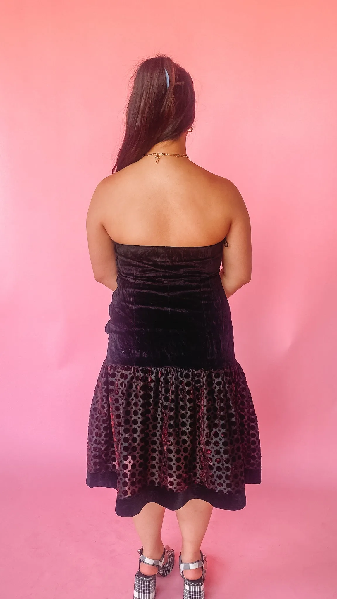 1980s Black Velvet Polka Dot Drop Waist Dress, sz L all