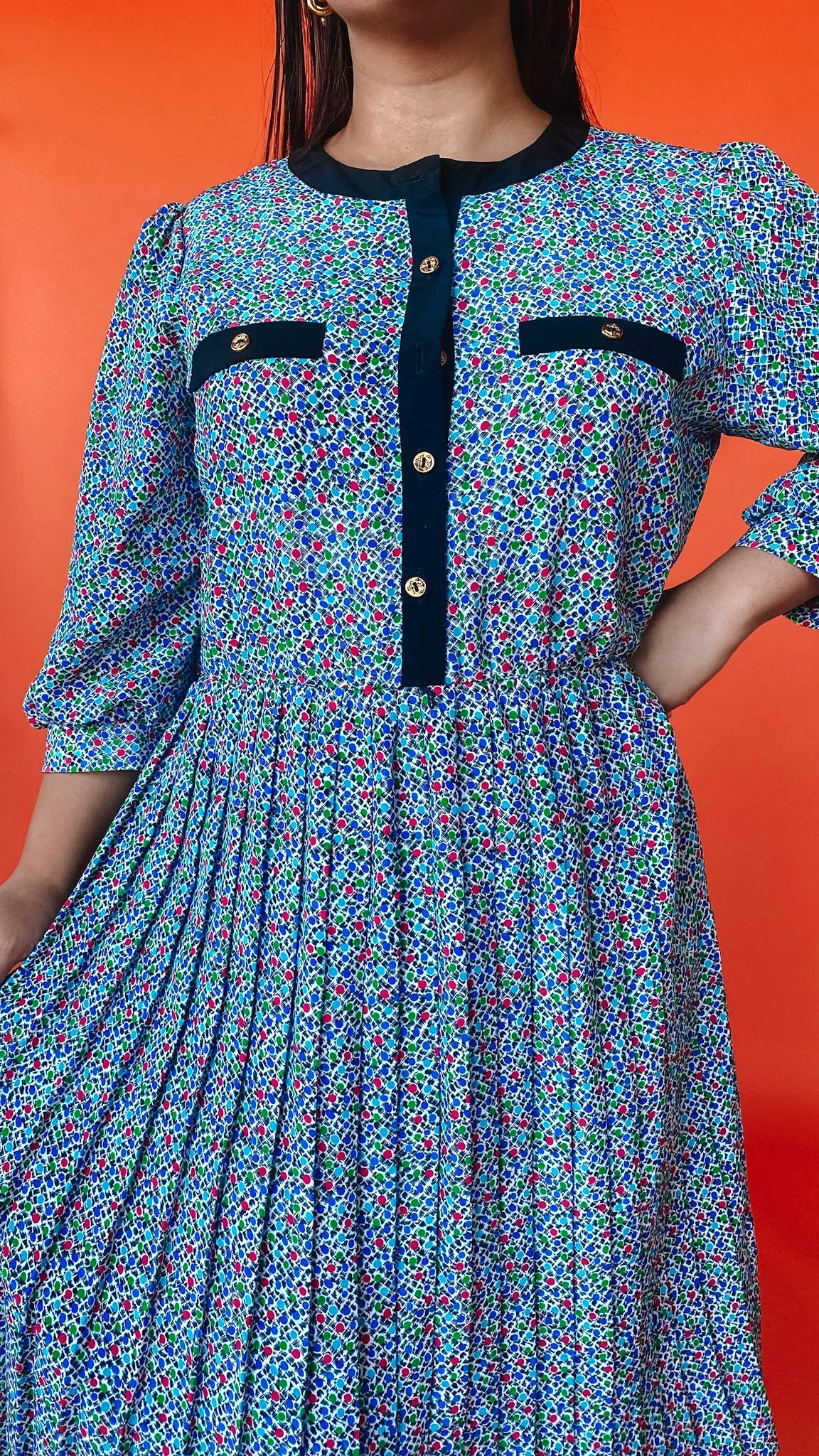 1980s Colorful Polka Dot Dress, sz. L