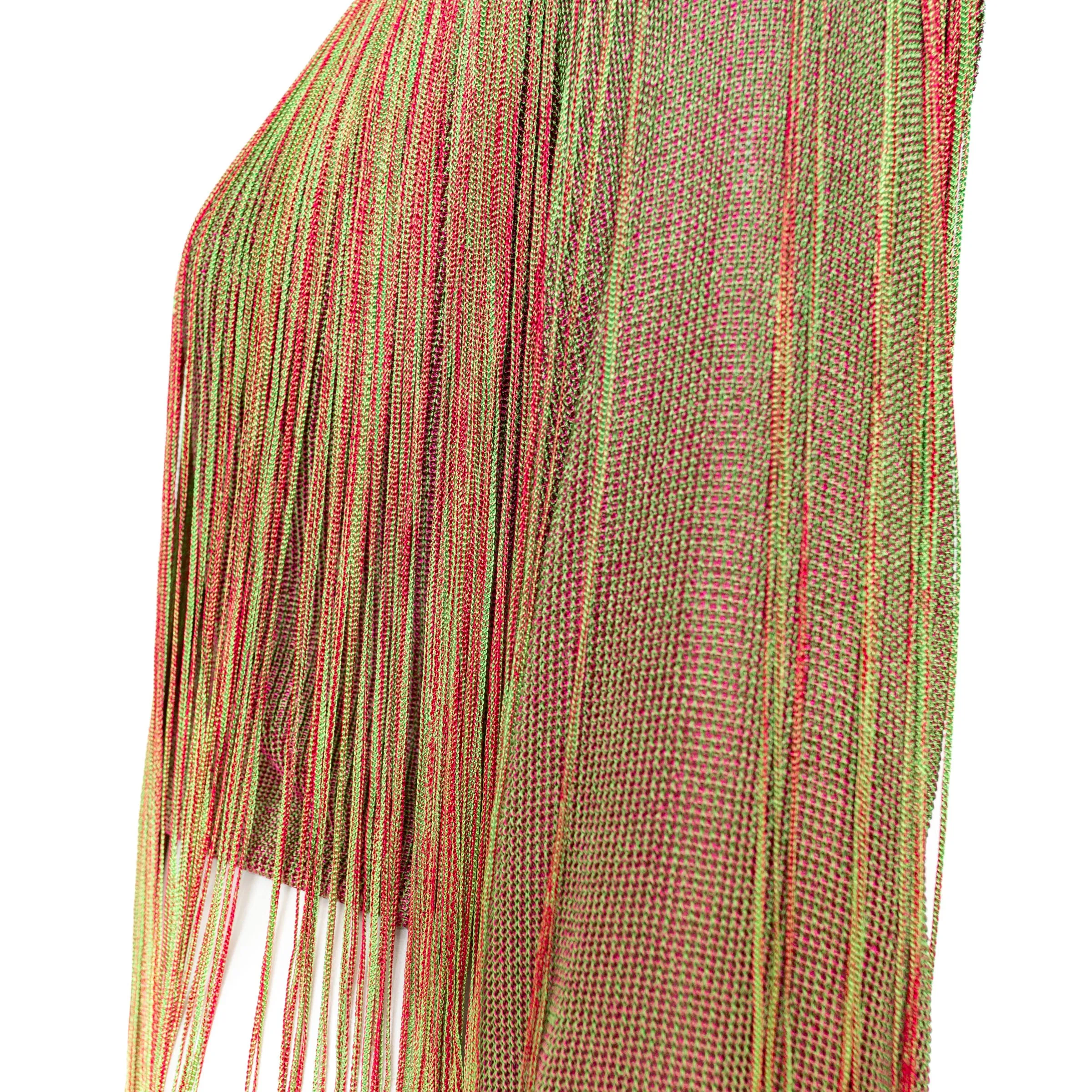 1980s Equator Red and Green Fringed Three-Piece Knit Top, Skirt, and Leggings Set