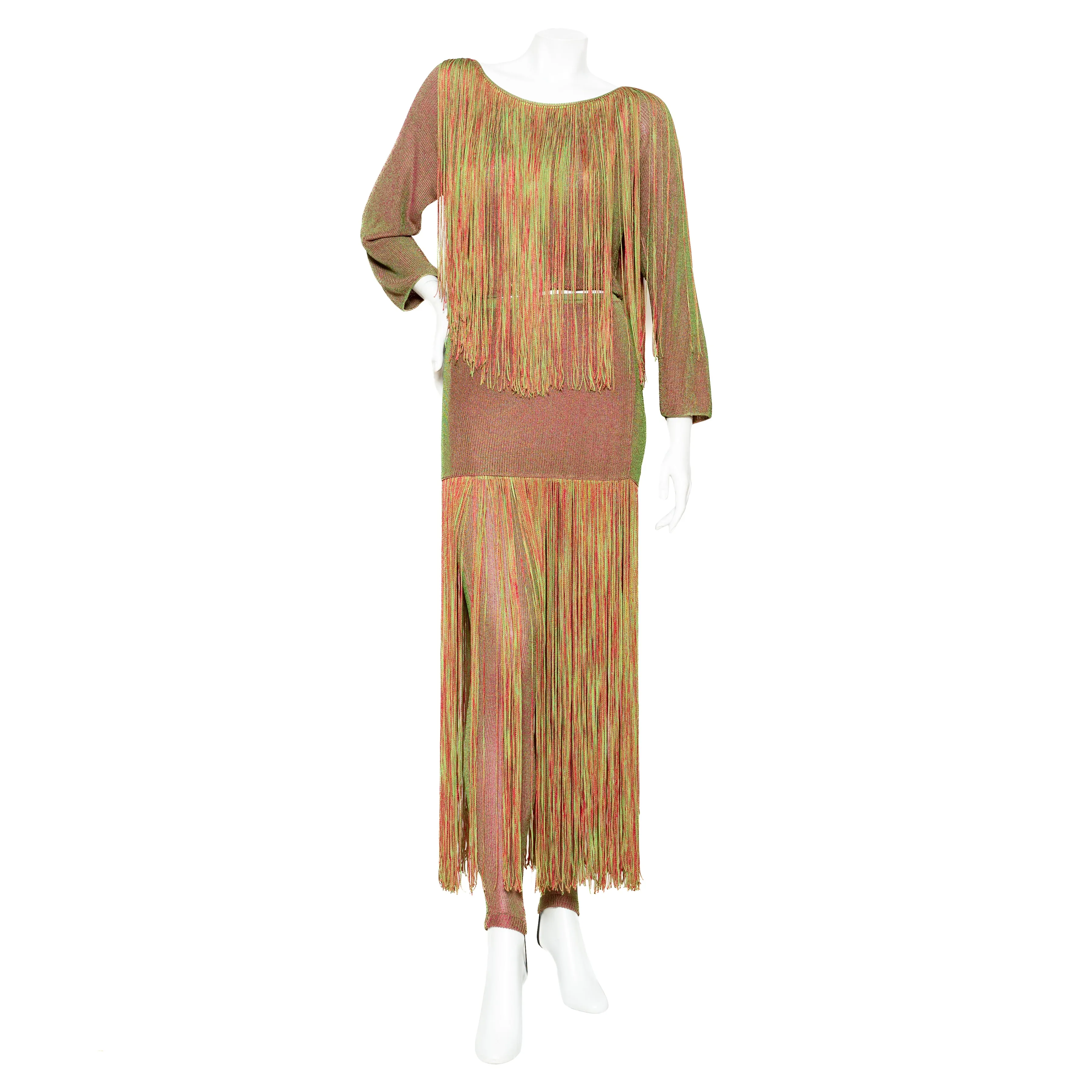 1980s Equator Red and Green Fringed Three-Piece Knit Top, Skirt, and Leggings Set