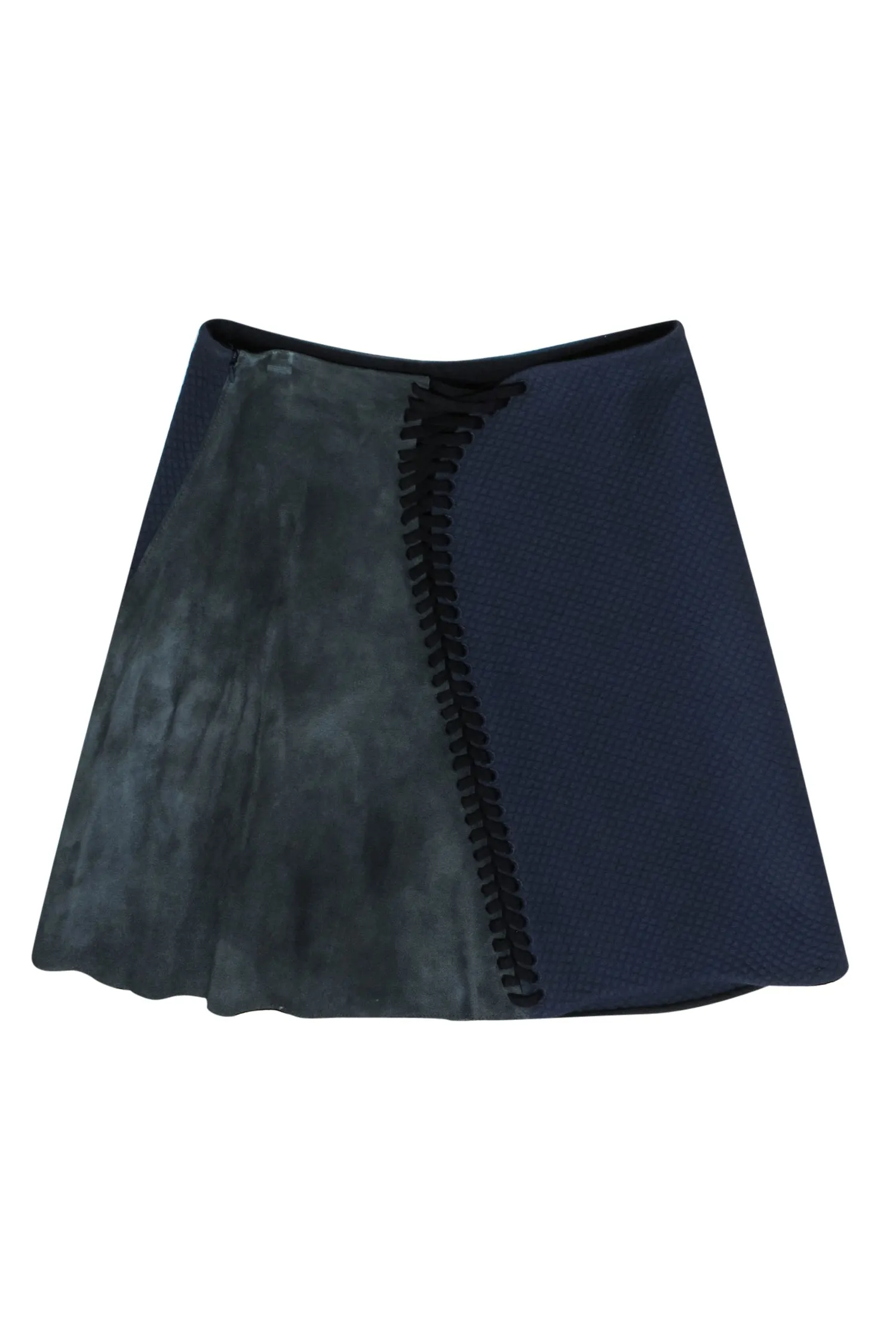 3.1 Phillip Lim Navy Quilted Skirt with Olive Green Suede Lace-Up Detail - Size 6