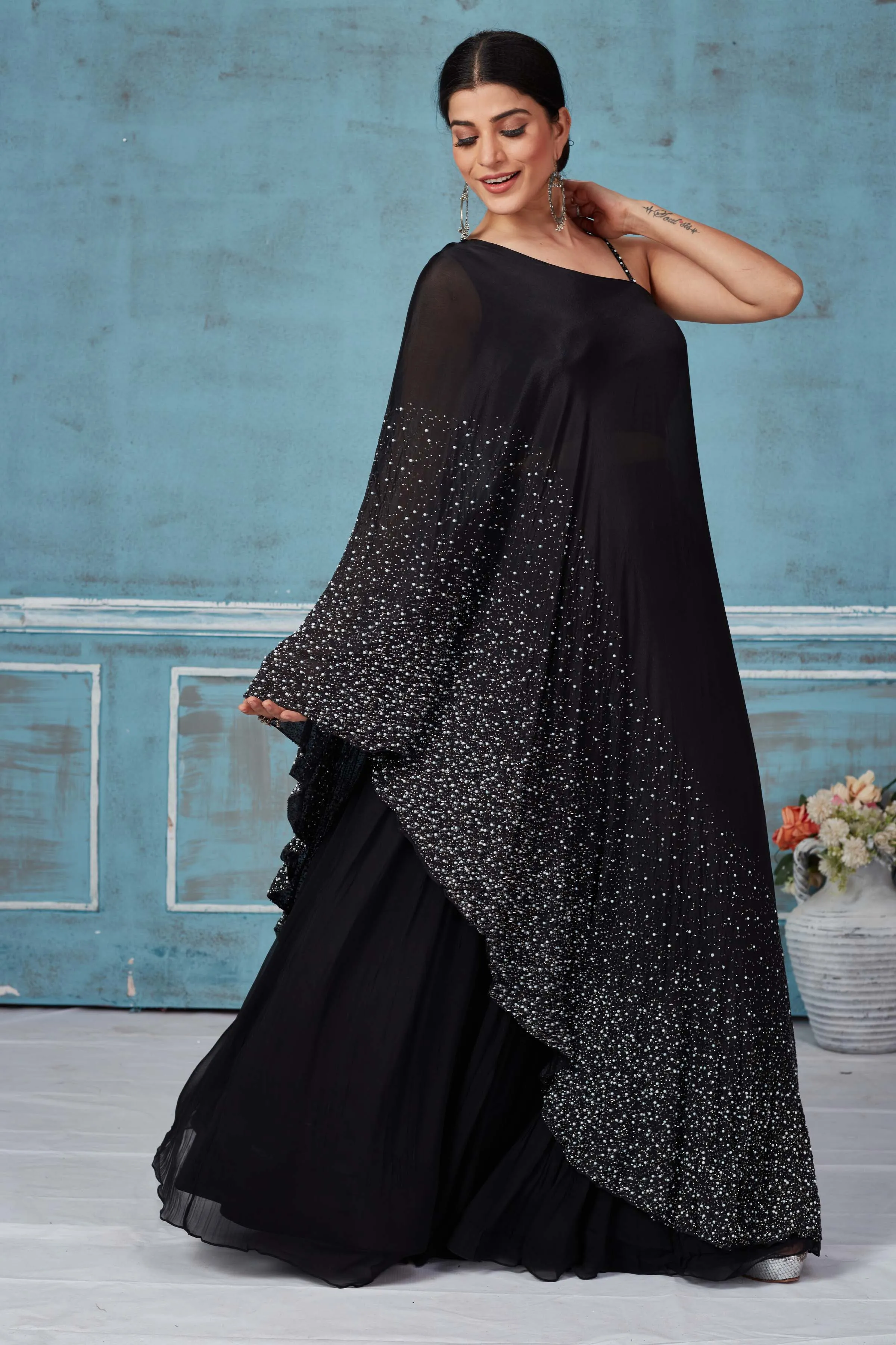 32A032 Black Embellished Crepe Silk Top With Skirt