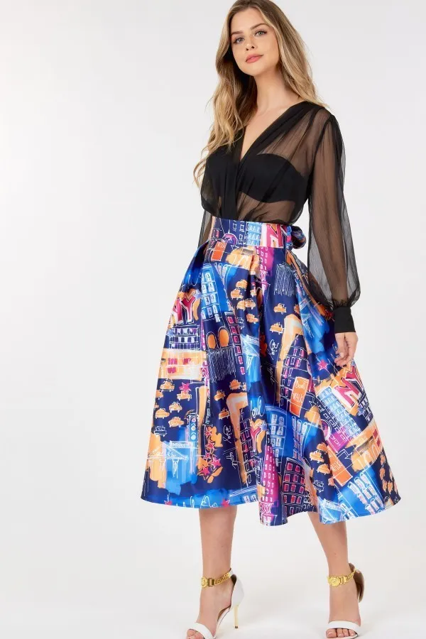 A-line Midi Skirt With Blue Print