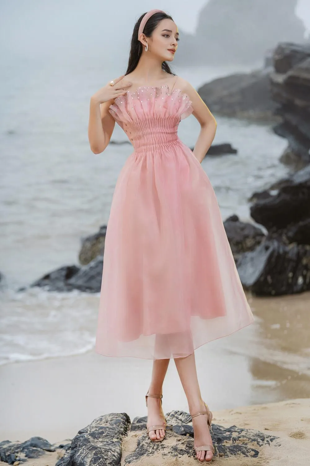 Abby Fit and Flare Square Neck Organza Dress