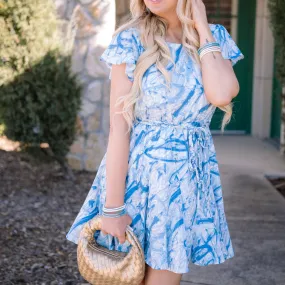 Abundance of Love Ruffled Braided Waist Blue Printed Dress