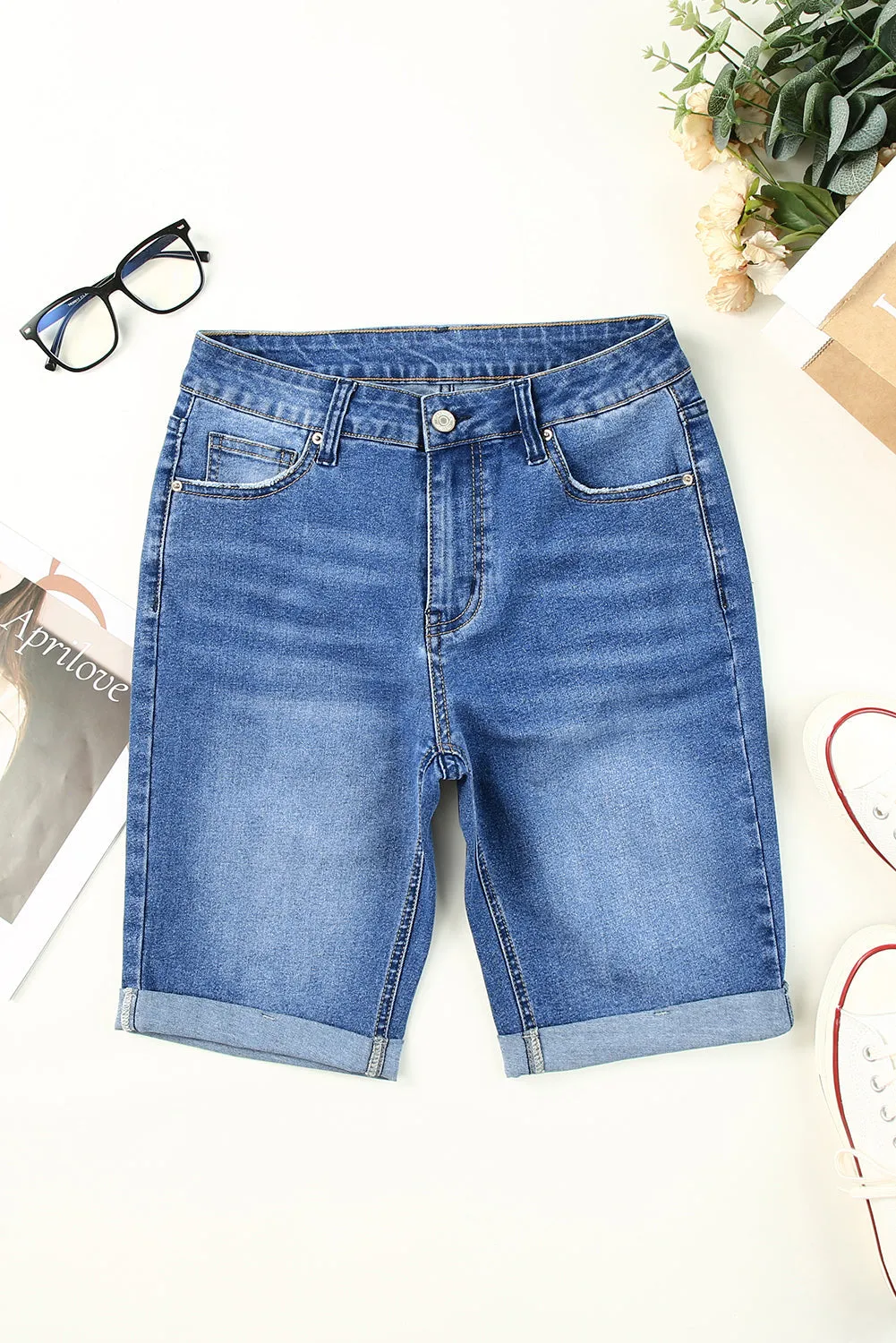 Acid Wash Roll-up Edge Bermuda Short Jeans