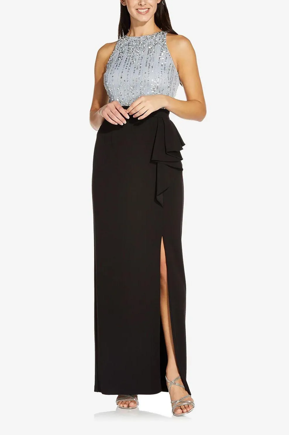 Adrianna Papell AP1E208390 Waist Ruffled Slit Side Solid Long Knot Crepe Skirt