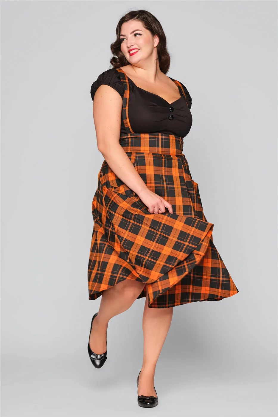 Alexa Black and Orange Pumpkin Check Suspender Skirt