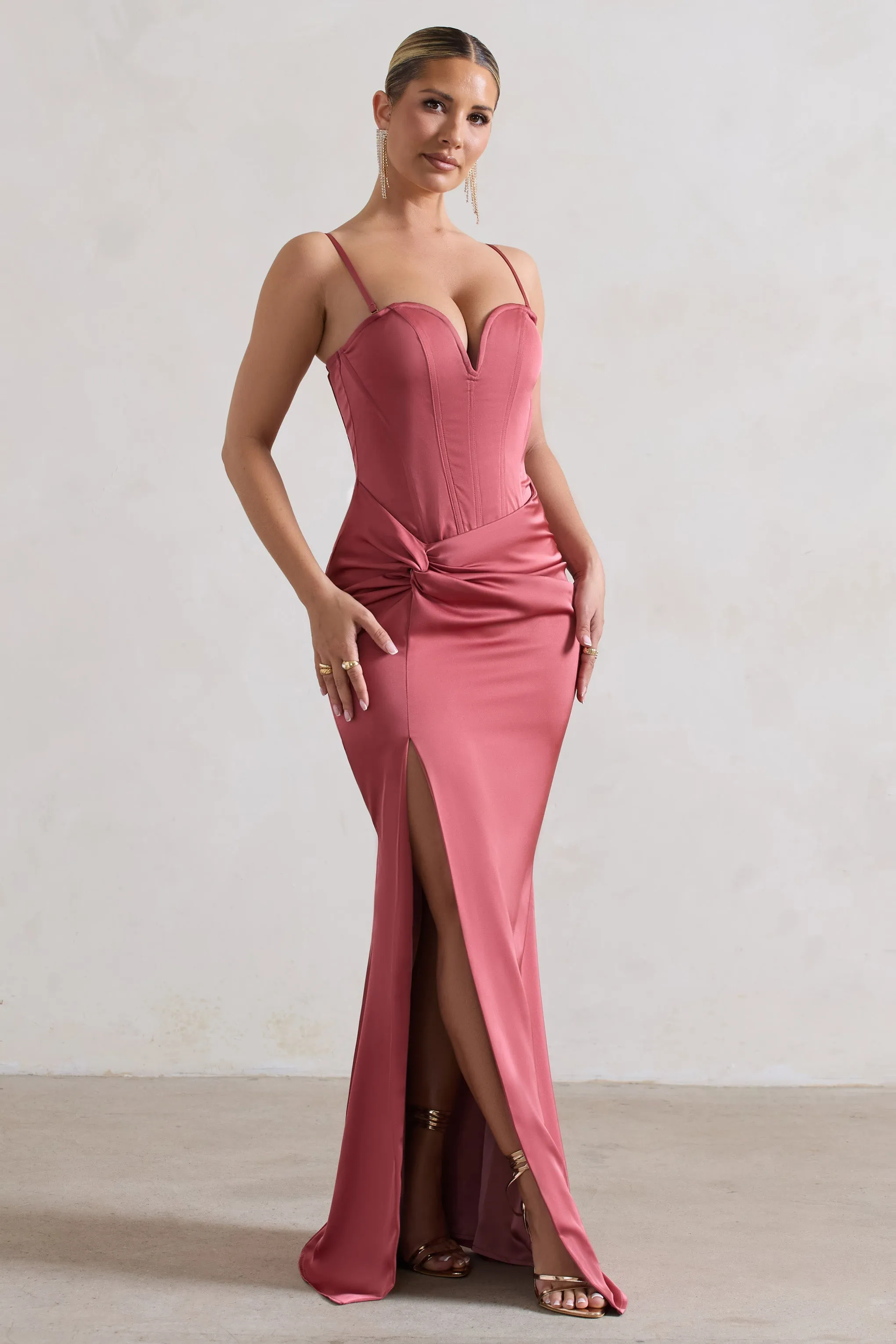 Ardelle | Rose Pink Satin Corseted Wrap Maxi Dress