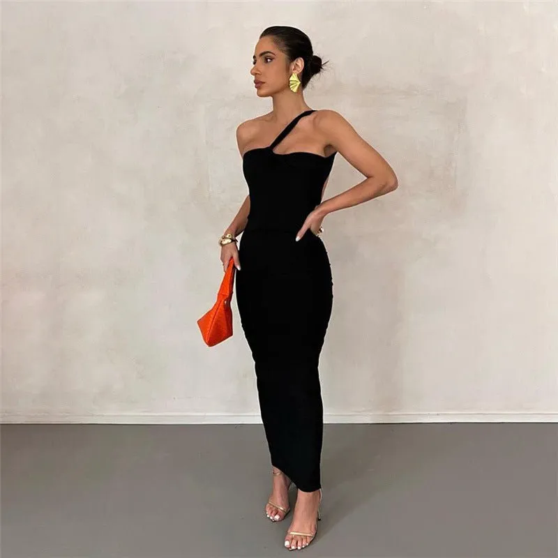 Autumn Winter Women Sexy Oblique Shoulder Backless Slim Fit Hip Wrapped Elegant Dress