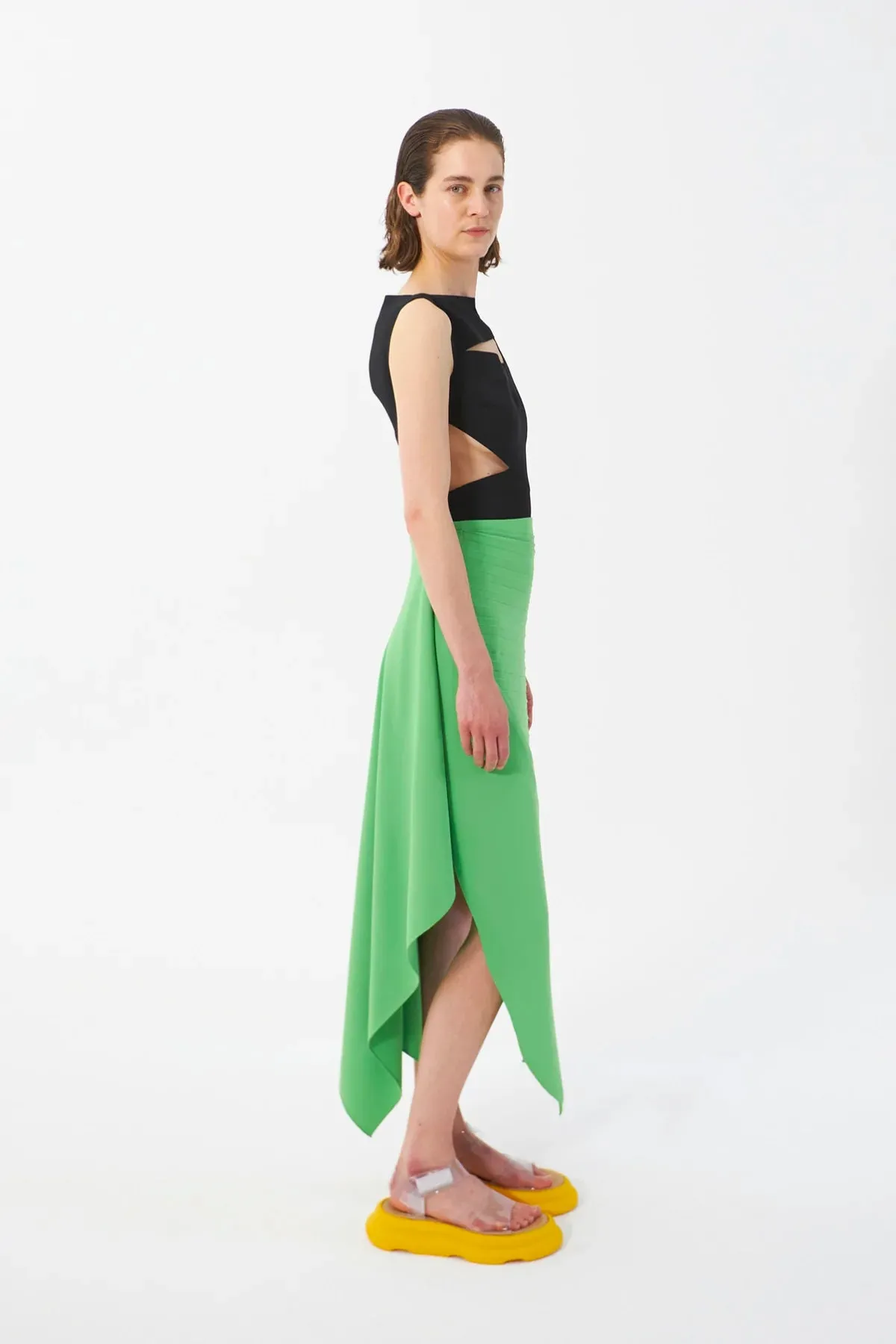 A.W.A.K.E. Mode Asymmetric Diagonal Pleated Skirt - Green