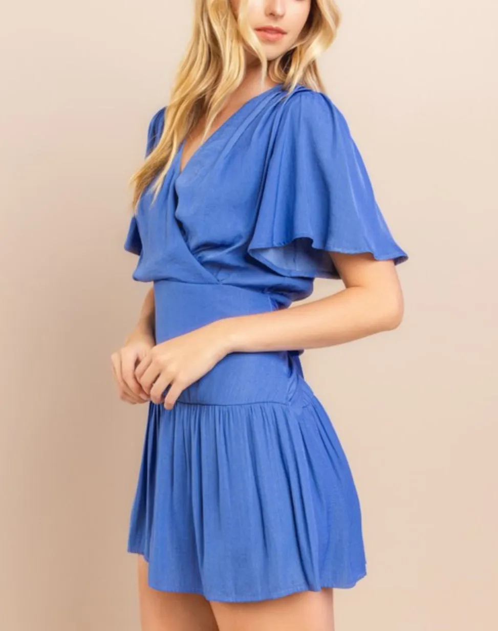 Bell slve mini dress with waist self wrap tie black-blue