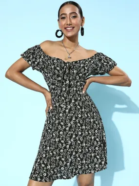 Berrylush Women Black & White Floral Printed Off-Shoulder Front Tie-Up Fit & Flare Mini Dress