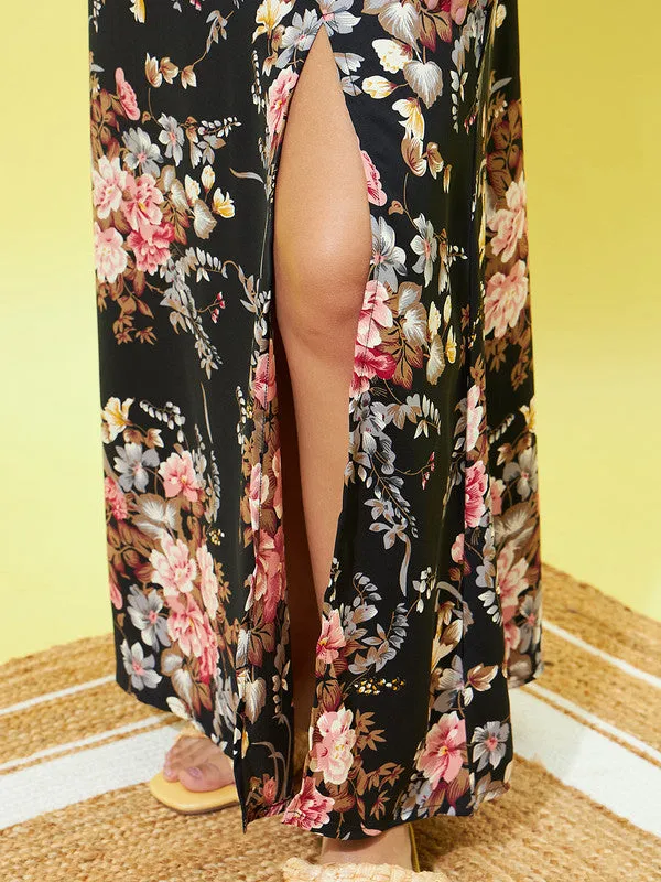 Berrylush Women Black, Pink, & White Floral Printed High-Rise Waist Thigh-High Slit Straight Hem A-Line Midi Skirt