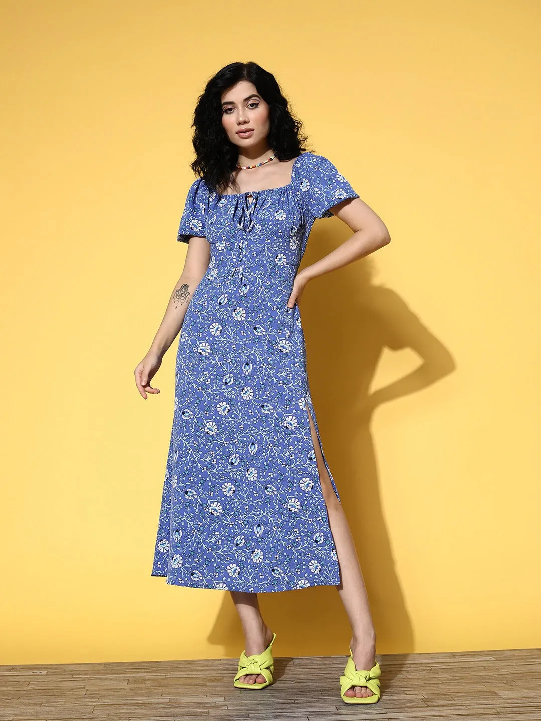 Berrylush Women Blue & White Floral Printed Square Neck Thigh-High Slit Crepe Empire Midi Dress