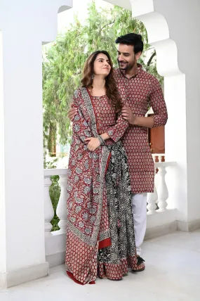 Black And Red Pure Cotton Twinning Couple Set In Block Print