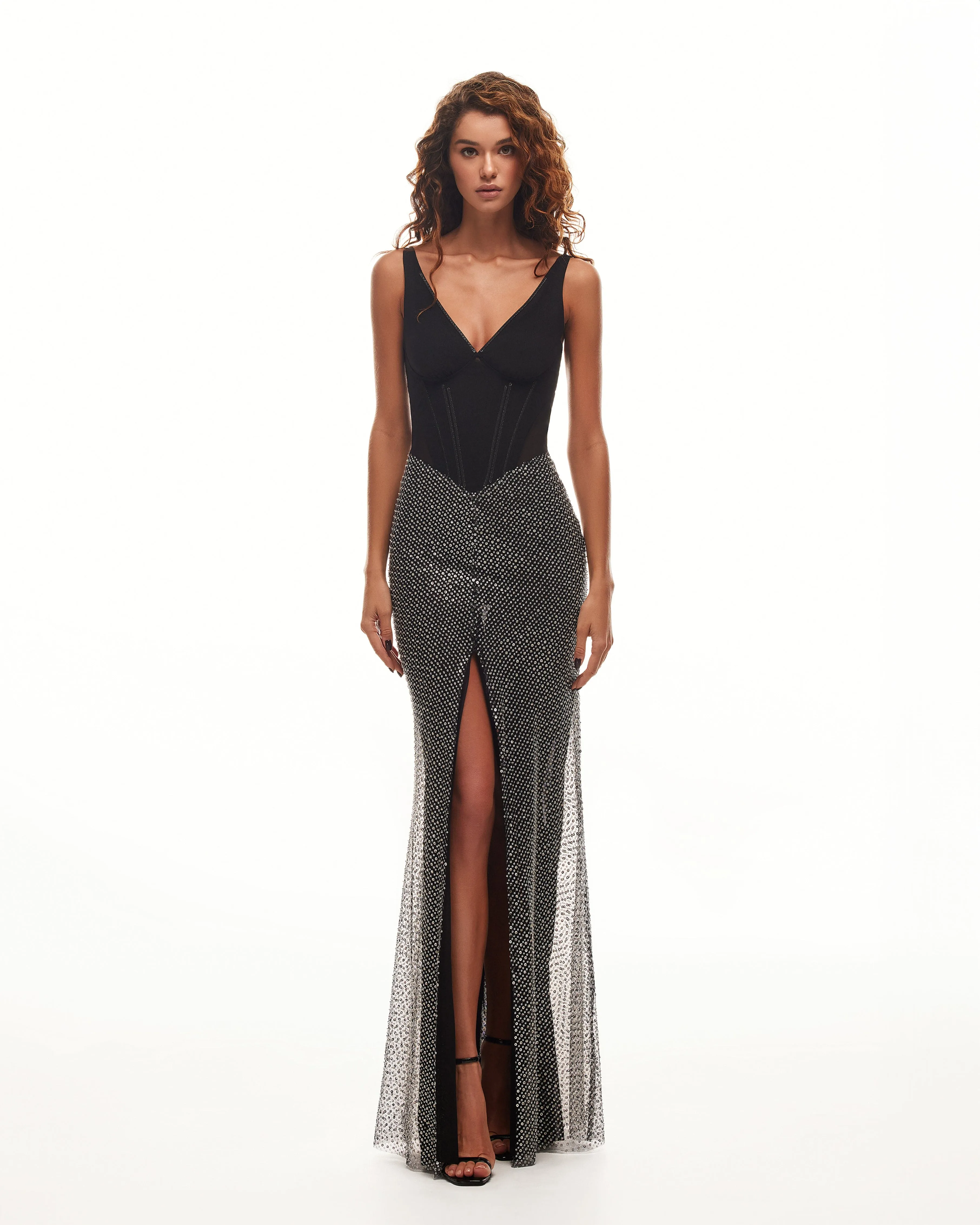 Black corset maxi dress with silver sequined maxi skirt, Smoky Quartz