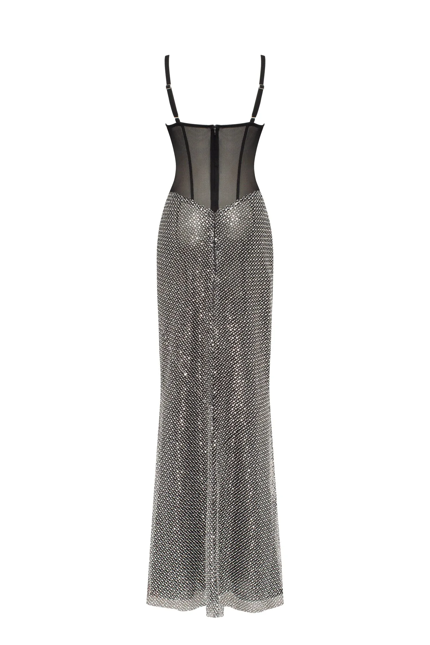 Black corset maxi dress with silver sequined maxi skirt, Smoky Quartz