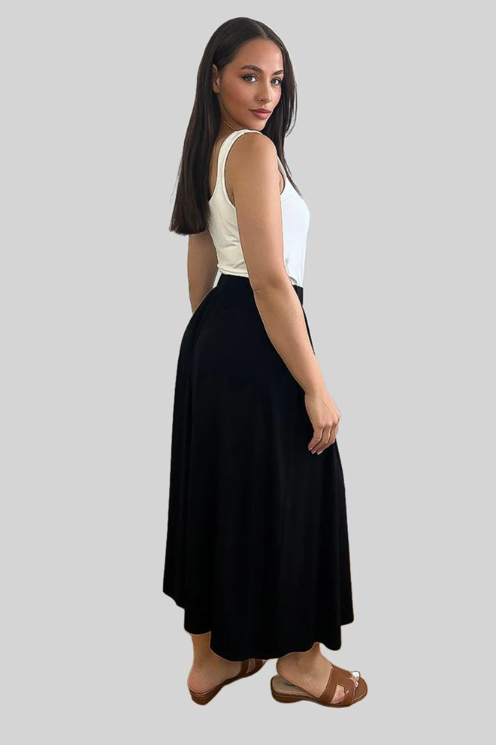 Black Elastic Waist Midi Skirt