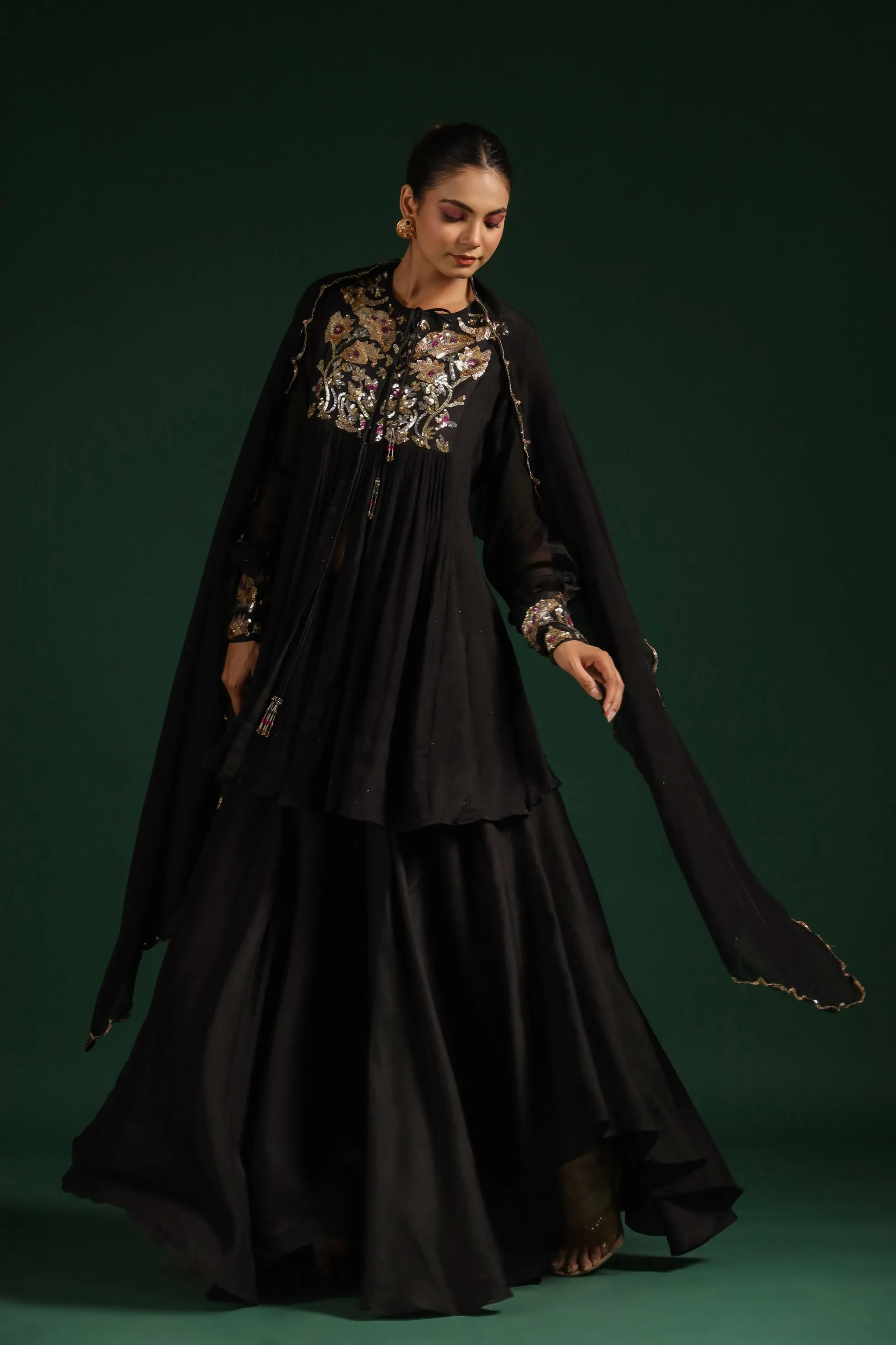 Black Embellished Premium Chinon Silk Skirt Set