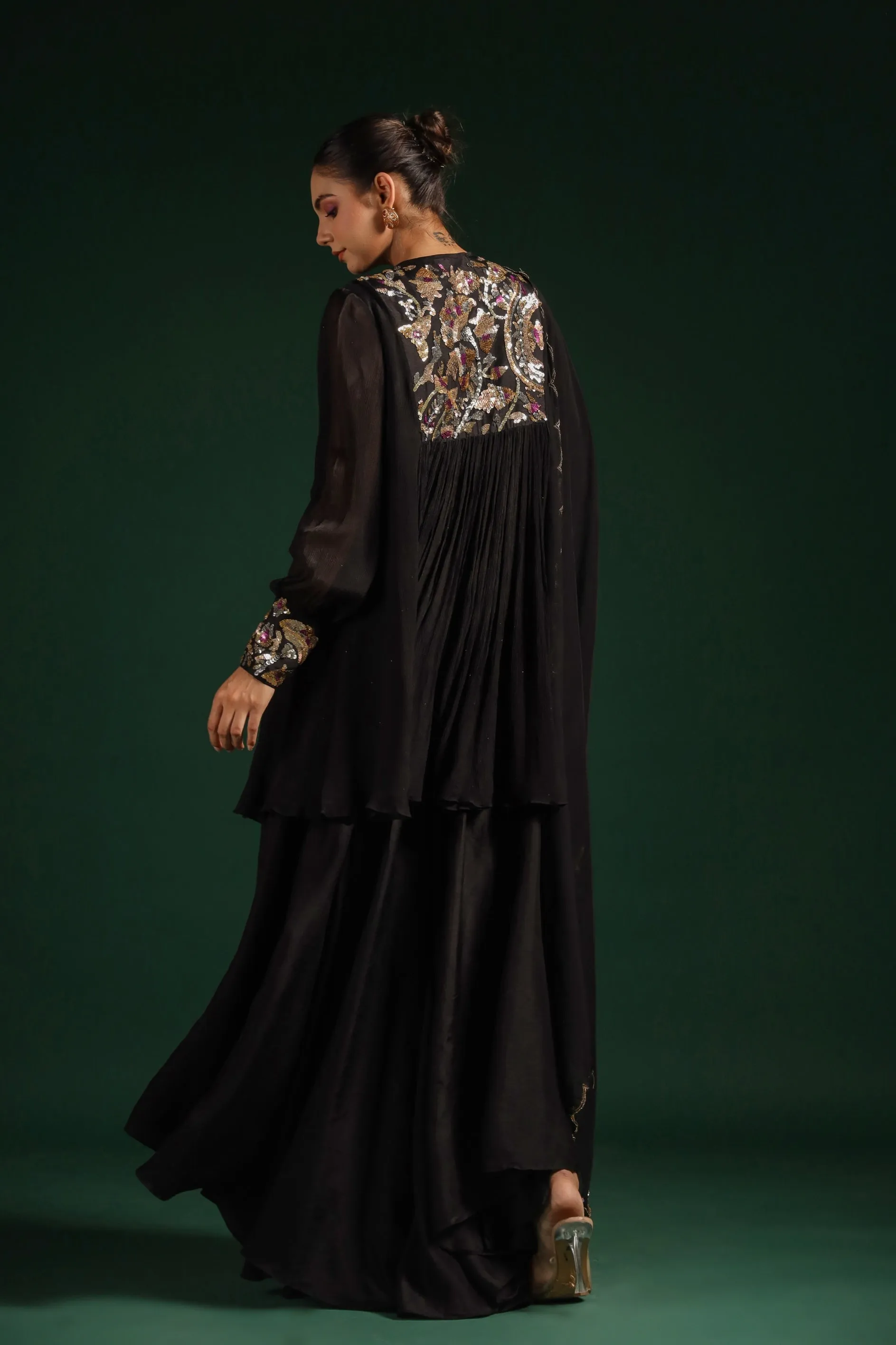 Black Embellished Premium Chinon Silk Skirt Set