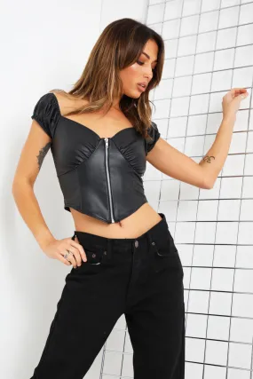 Black Faux Leather Corset Zip Crop Top