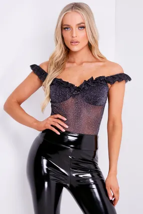 Black Glitter Lurex Bardot Frill Bodysuit