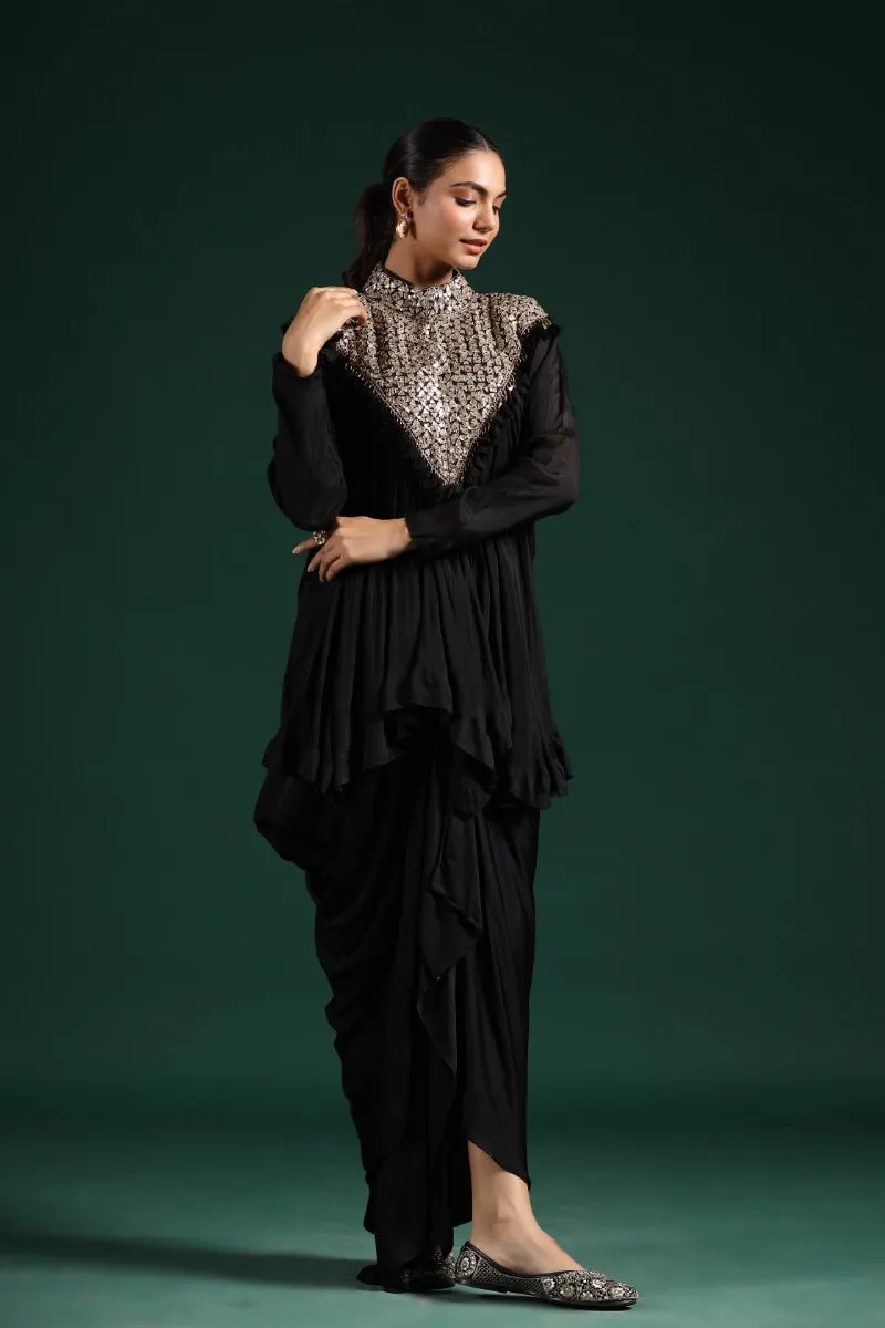 Black Gota Embroidered Chinon Silk Draped Skirt & Top