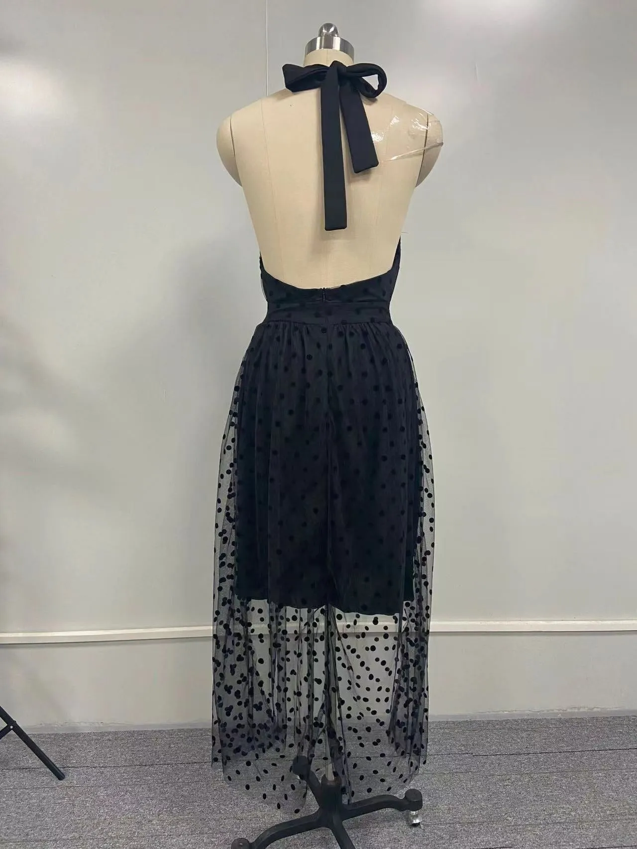 Black Polka Dot Sheer Sleeveless Dress with Mock Collar