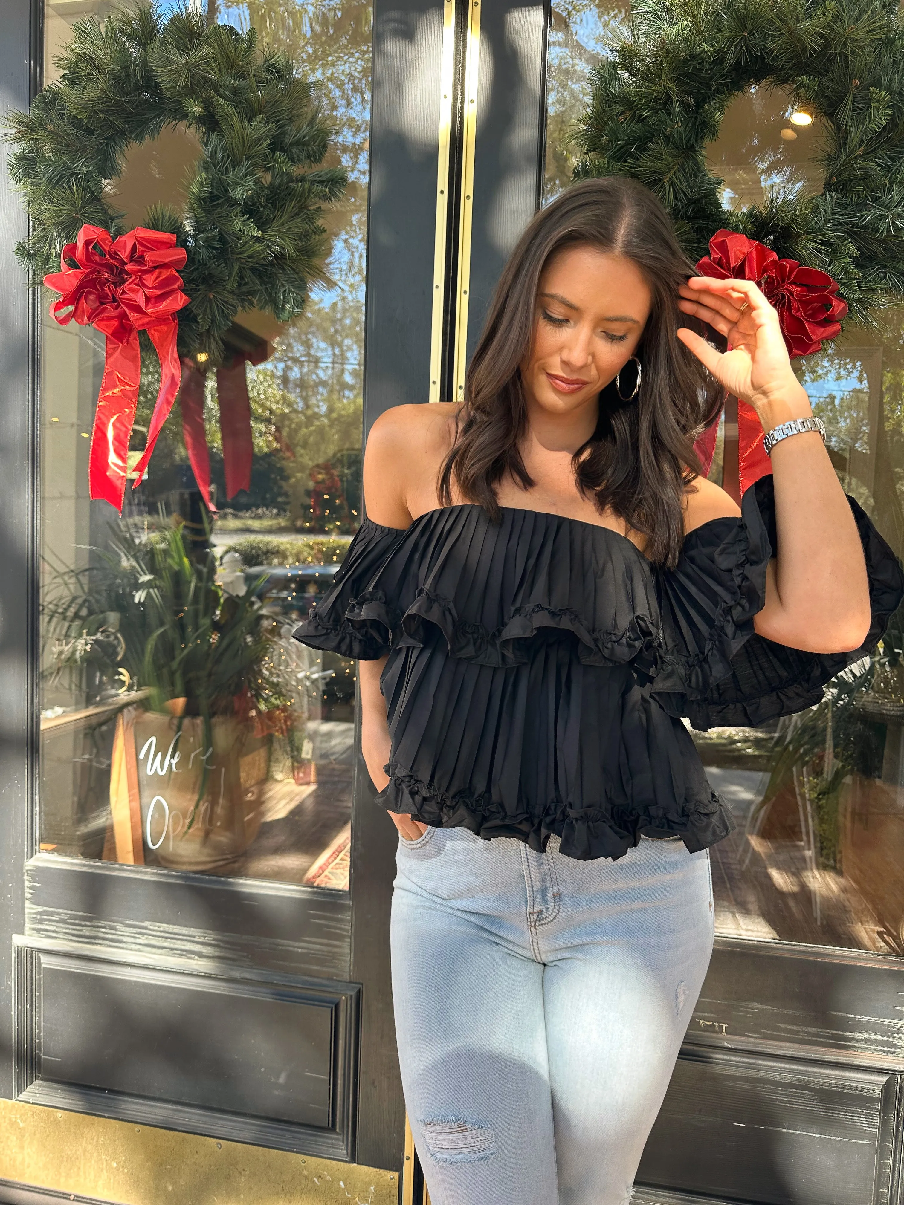 Black Poplin Ruffle Top