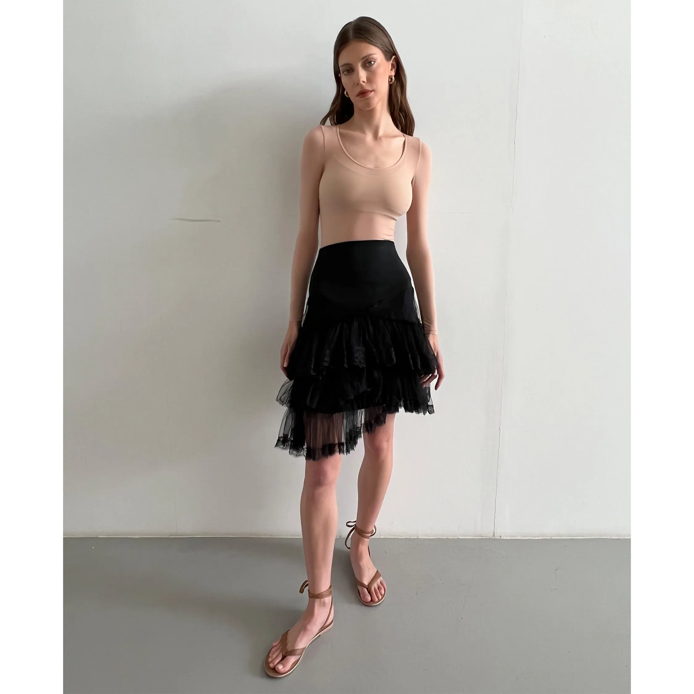 Black Tulle And Lace Mini Skirt With Sculpting Waistband