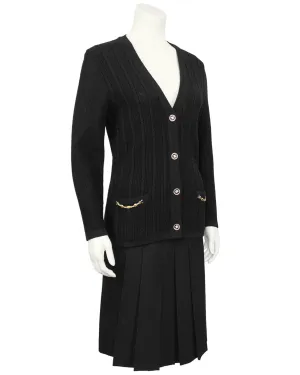 Black Wool Cardigan and Gabardine Skirt Ensemble