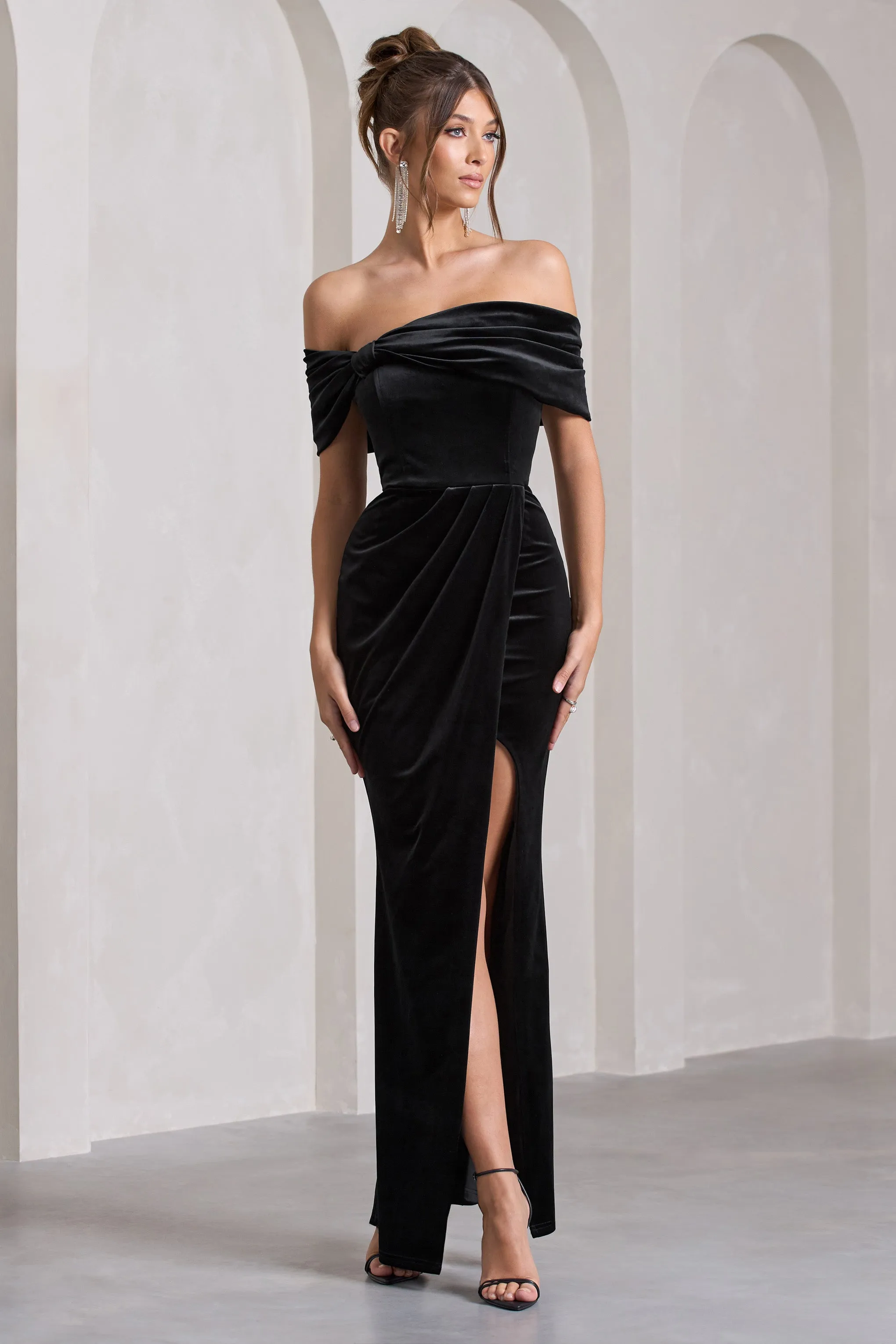 Blessing | Black Velvet Bardot Wrap Maxi Dress