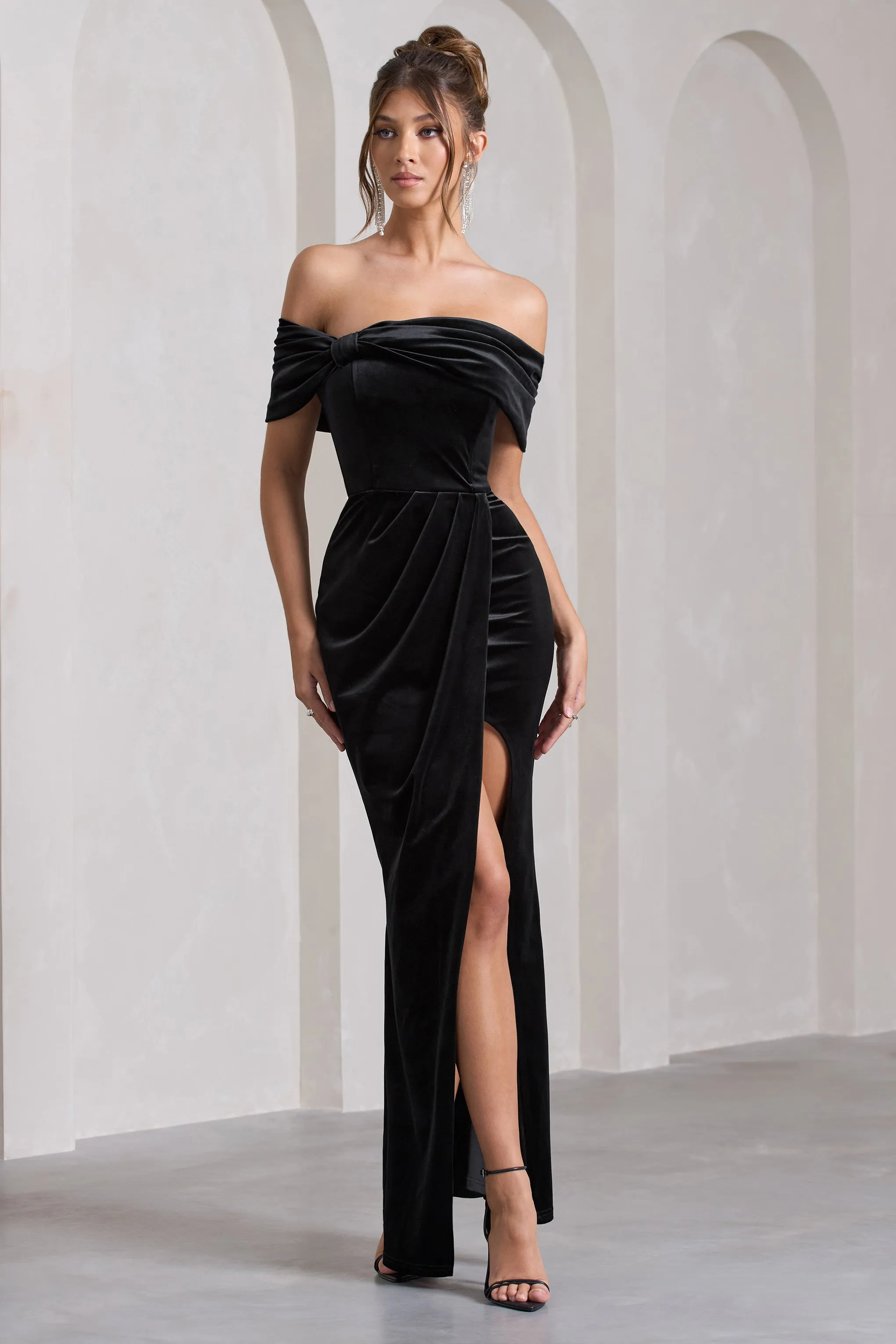 Blessing | Black Velvet Bardot Wrap Maxi Dress