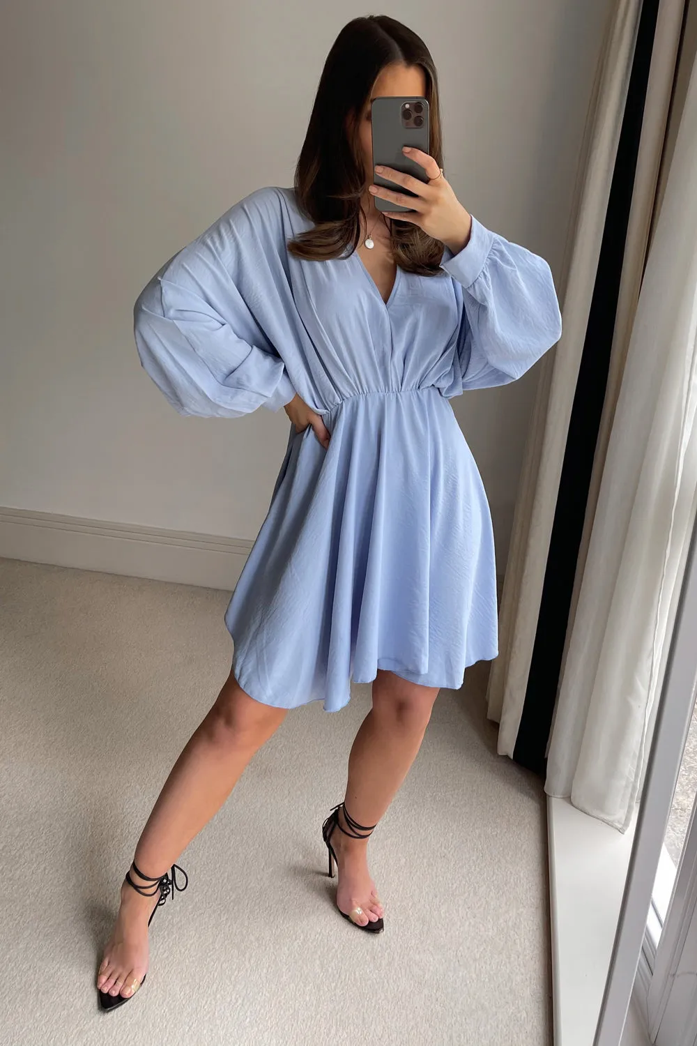 Blue V Neck Plunge Pleated Mini Dress