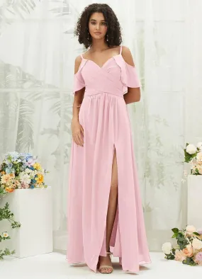 Blush Chiffon Ruffle Cold Shoulder Sweetheart Bridesmaid Dress