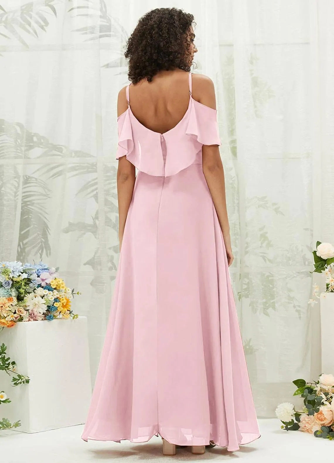 Blush Chiffon Ruffle Cold Shoulder Sweetheart Bridesmaid Dress