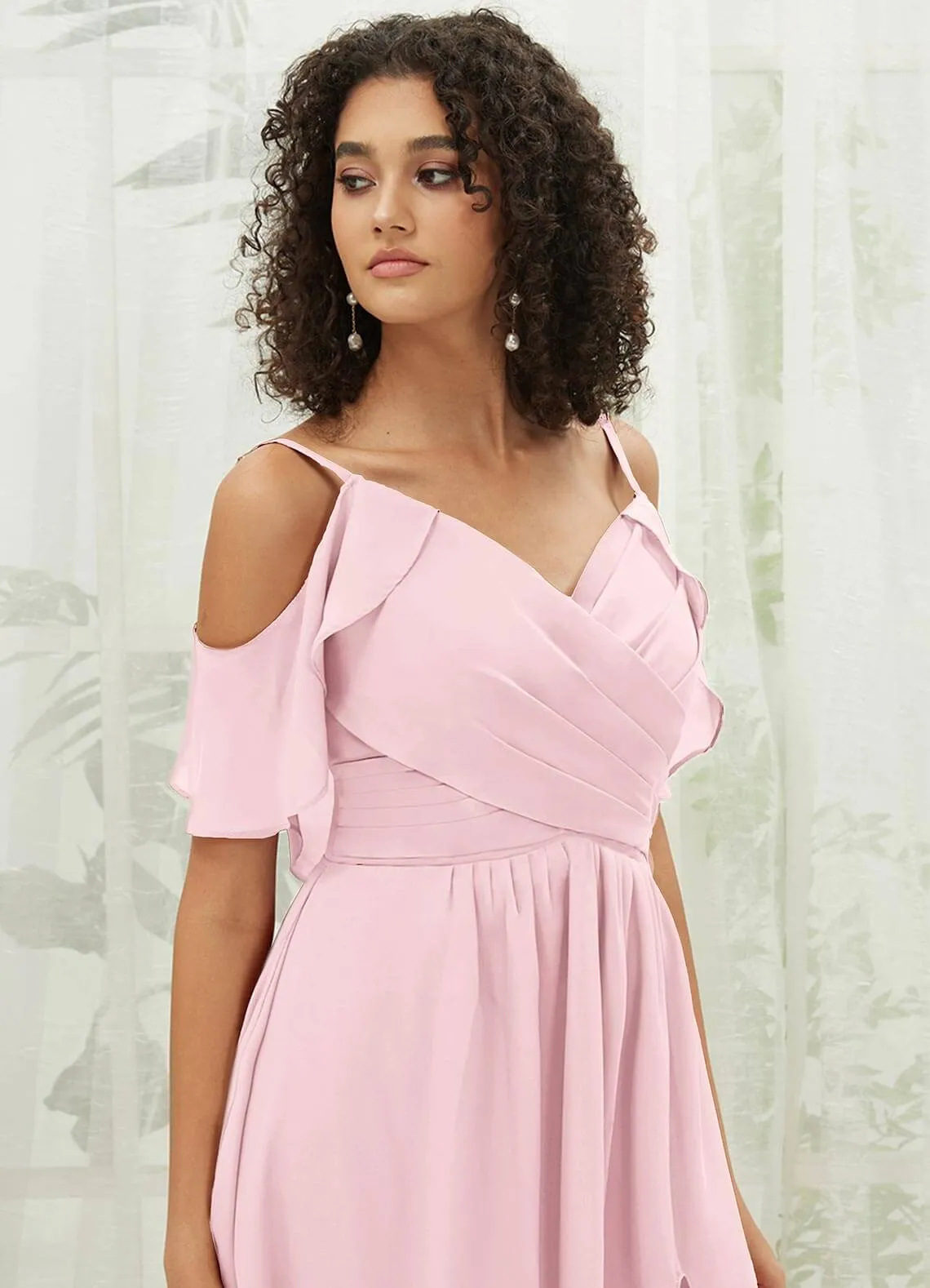 Blush Chiffon Ruffle Cold Shoulder Sweetheart Bridesmaid Dress