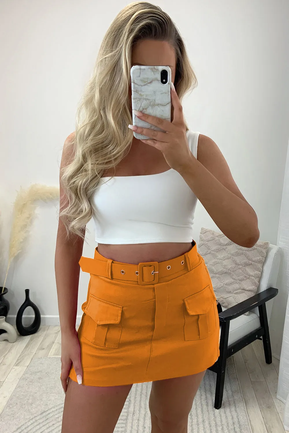 Carina Orange Belted High Waisted Cargo Skort